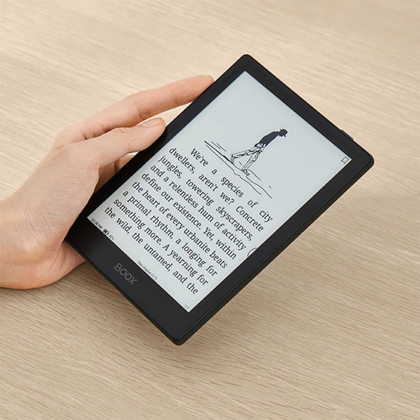 Boox Onyx Boox Gå 6 læseplade med E Ink Carta 1300 viser tekst og en illustration af en gående person med stok.