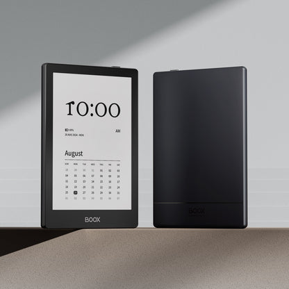 Boox Onyx Gå 6 læseplader sort, én med kalender og tid på E Ink Carta 1300 skærm, én viser bagside.