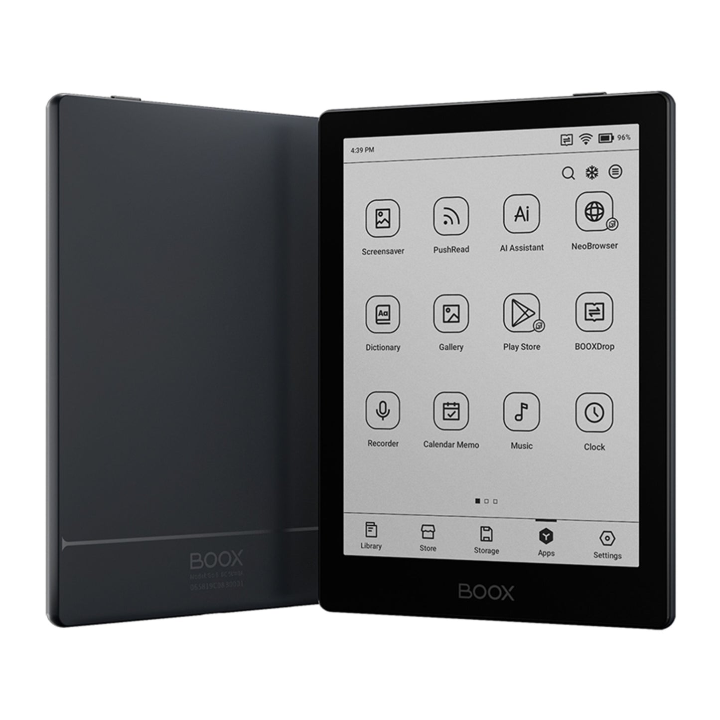 Boox Onyx Gå 6 sort læseplade med E Ink Carta 1300, én vises forfra med hjemskærm, én bagfra.
