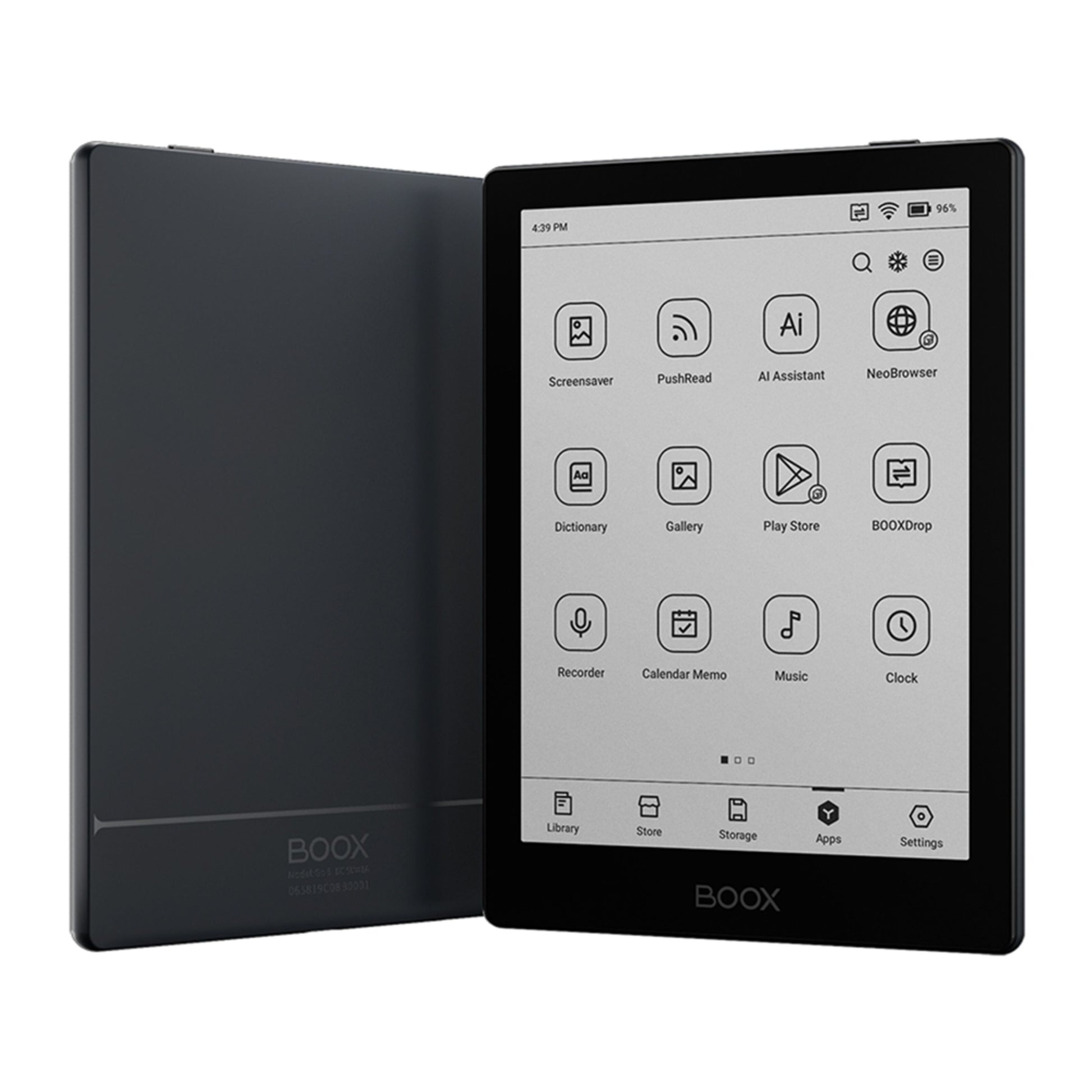 Boox Onyx Gå 6 sort læseplade med E Ink Carta 1300, én vises forfra med hjemskærm, én bagfra.