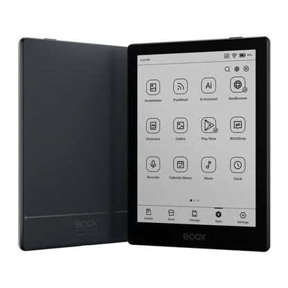 Boox Onyx Gå 6 sort læseplade med E Ink Carta 1300, én vises forfra med hjemskærm, én bagfra.