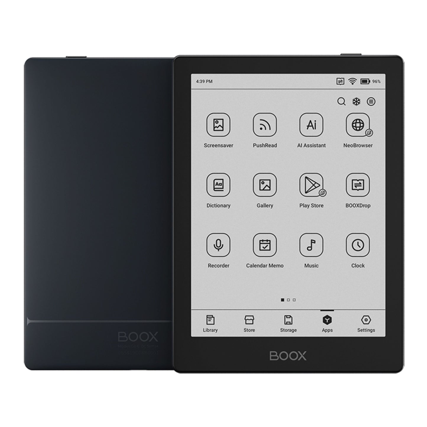 Boox Onyx Gå 6 sort læseplade vist forfra og bagfra med E Ink Carta 1300-skærm og appikoner til ordbog, galleri, lydoptager, kalender.