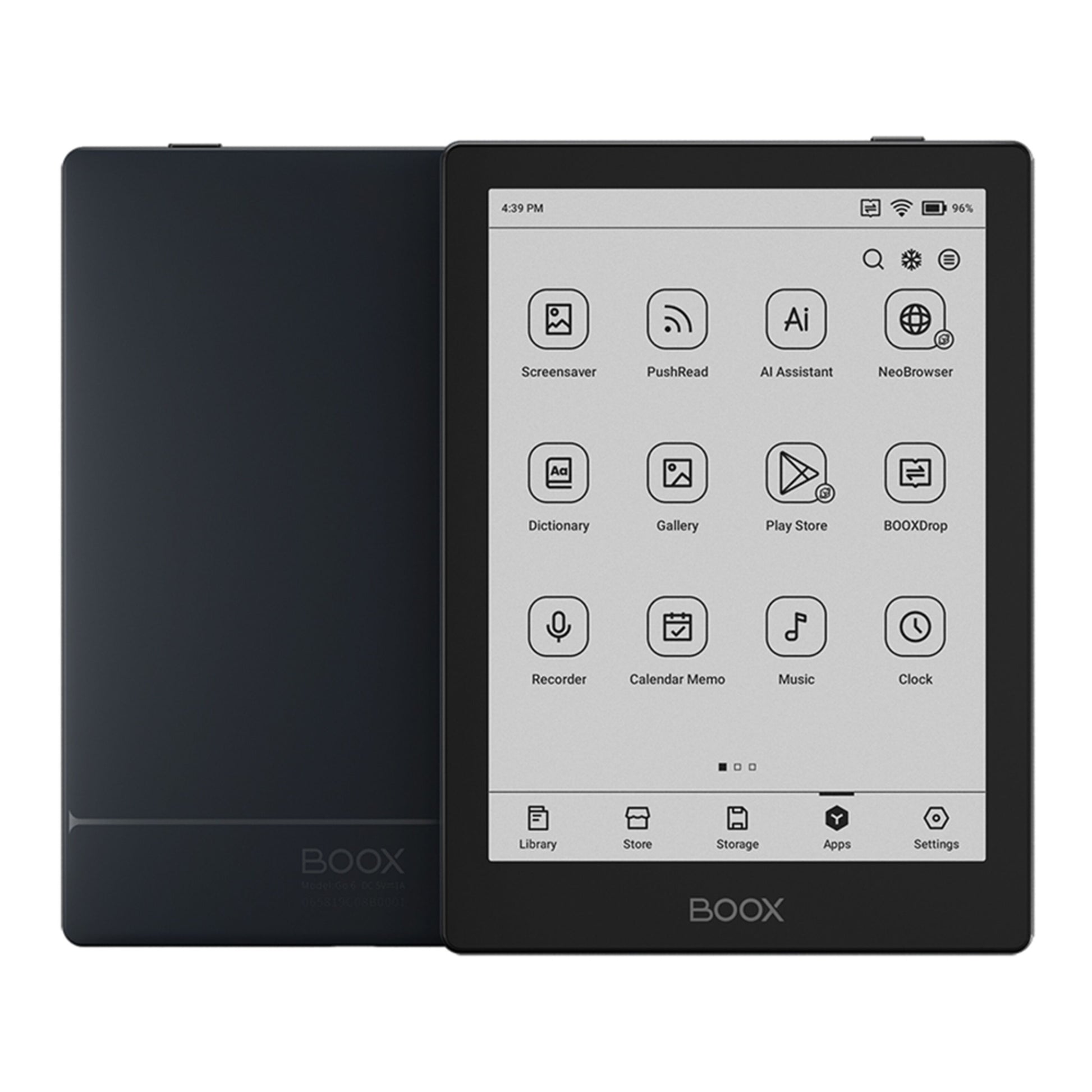 Boox Onyx Gå 6 sort læseplade vist forfra og bagfra med E Ink Carta 1300-skærm og appikoner til ordbog, galleri, lydoptager, kalender.