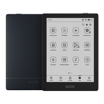 Boox Onyx Gå 6 sort læseplade vist forfra og bagfra med E Ink Carta 1300-skærm og appikoner til ordbog, galleri, lydoptager, kalender.