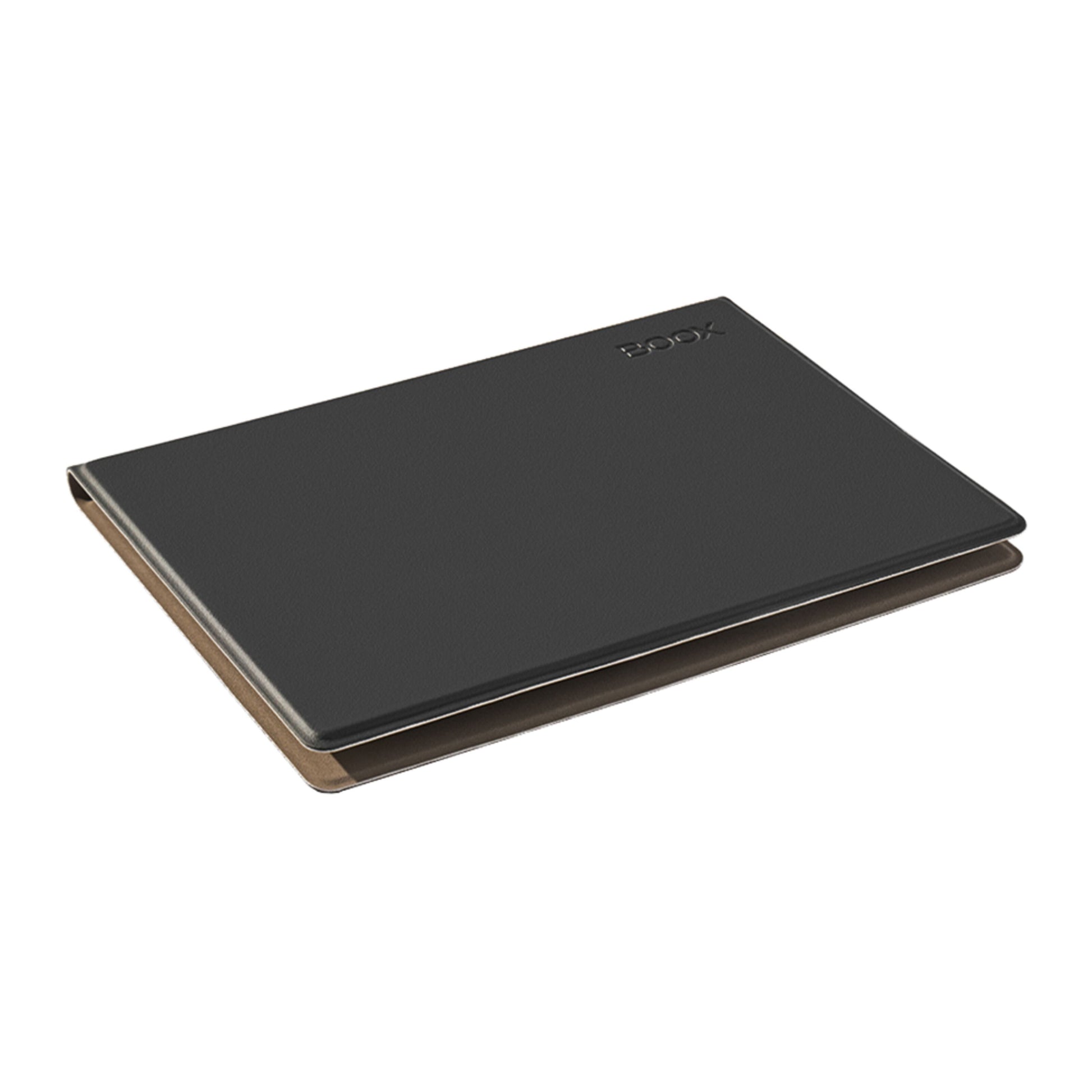 BOOX Gå 6 magnetisk etui i sort læderlook med BOOX-logo præget øverst til højre, vist fra skrå vinkel.