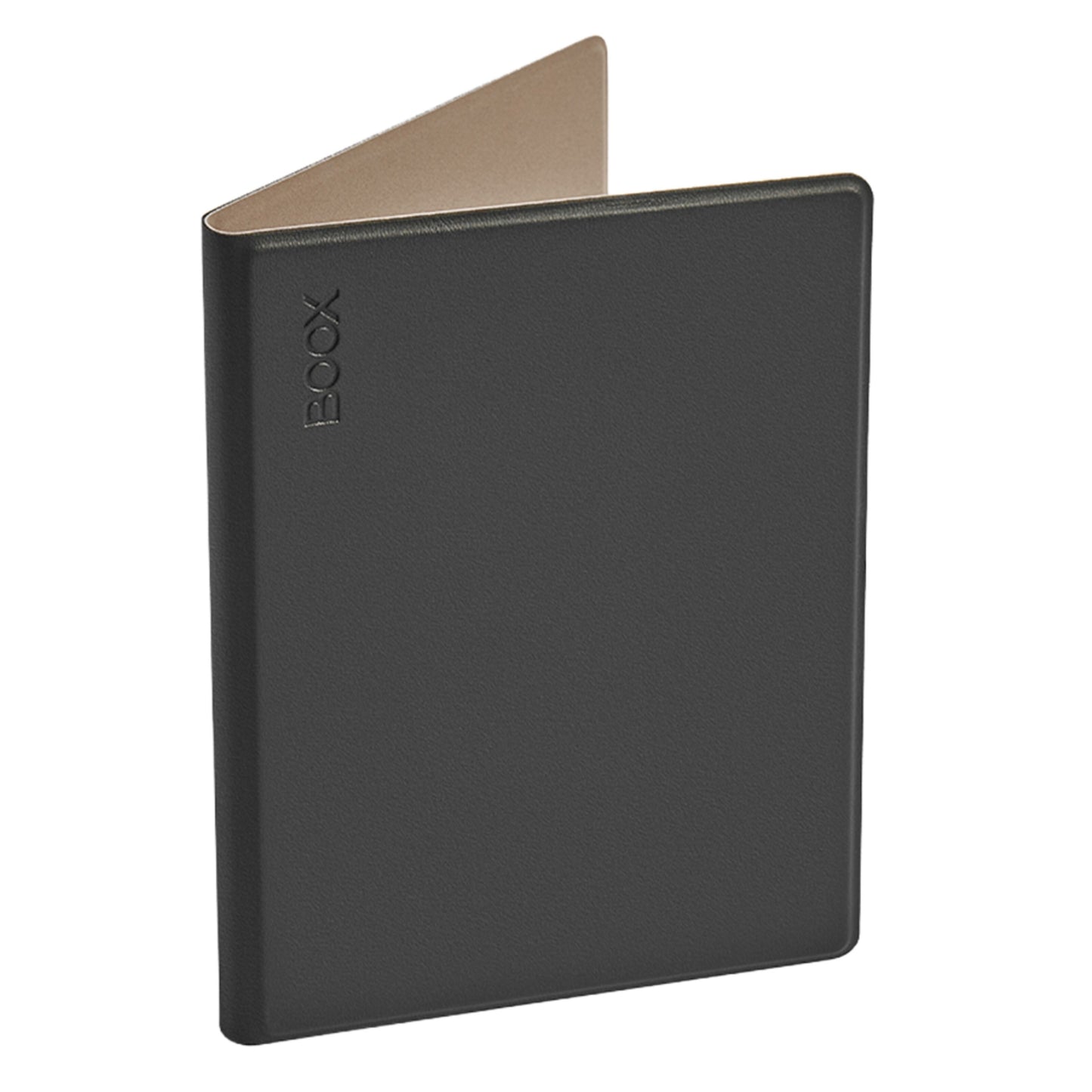 Boox Onyx Gå 6 magnetisk etui, sort tekstur med "BOOX" logo, let åbnet viser beige inderside.