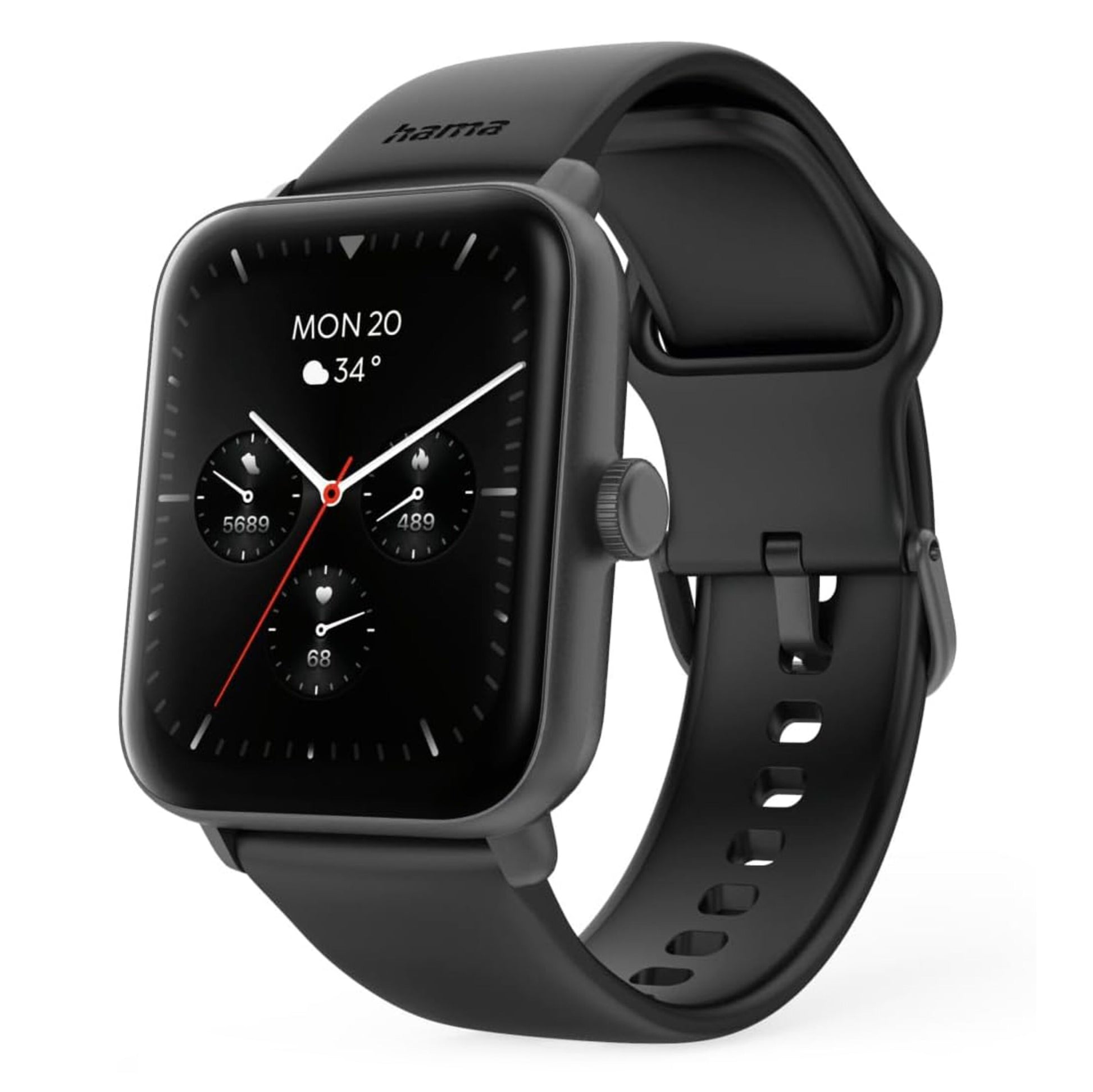 Hama 6010 Smart Watch med GPS, sort ur med firkantet display, visning af dato, tid, temperatur og helbredsværdier.