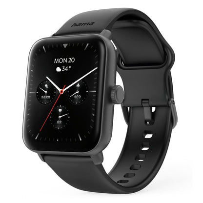 Hama 6010 Smart Watch med GPS, sort ur med firkantet display, visning af dato, tid, temperatur og helbredsværdier.