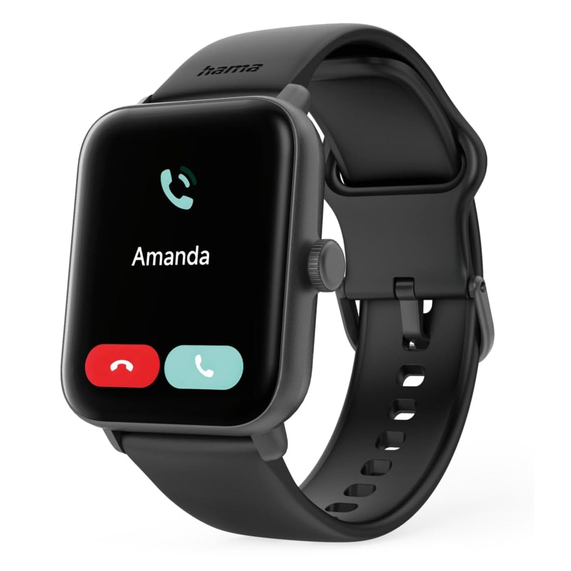 Sort Hama 6010 Smart Watch med GPS viser indgående opkald fra Amanda, valg mellem accept eller afvisning.