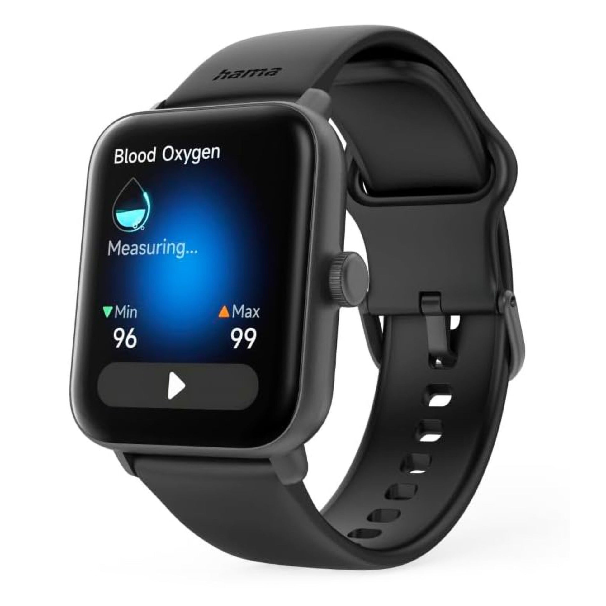 Hama 6010 Smart Watch med GPS, sort silikonerem, viser blodilt med blå grafik og pulsmåler 96-99 på displayet.