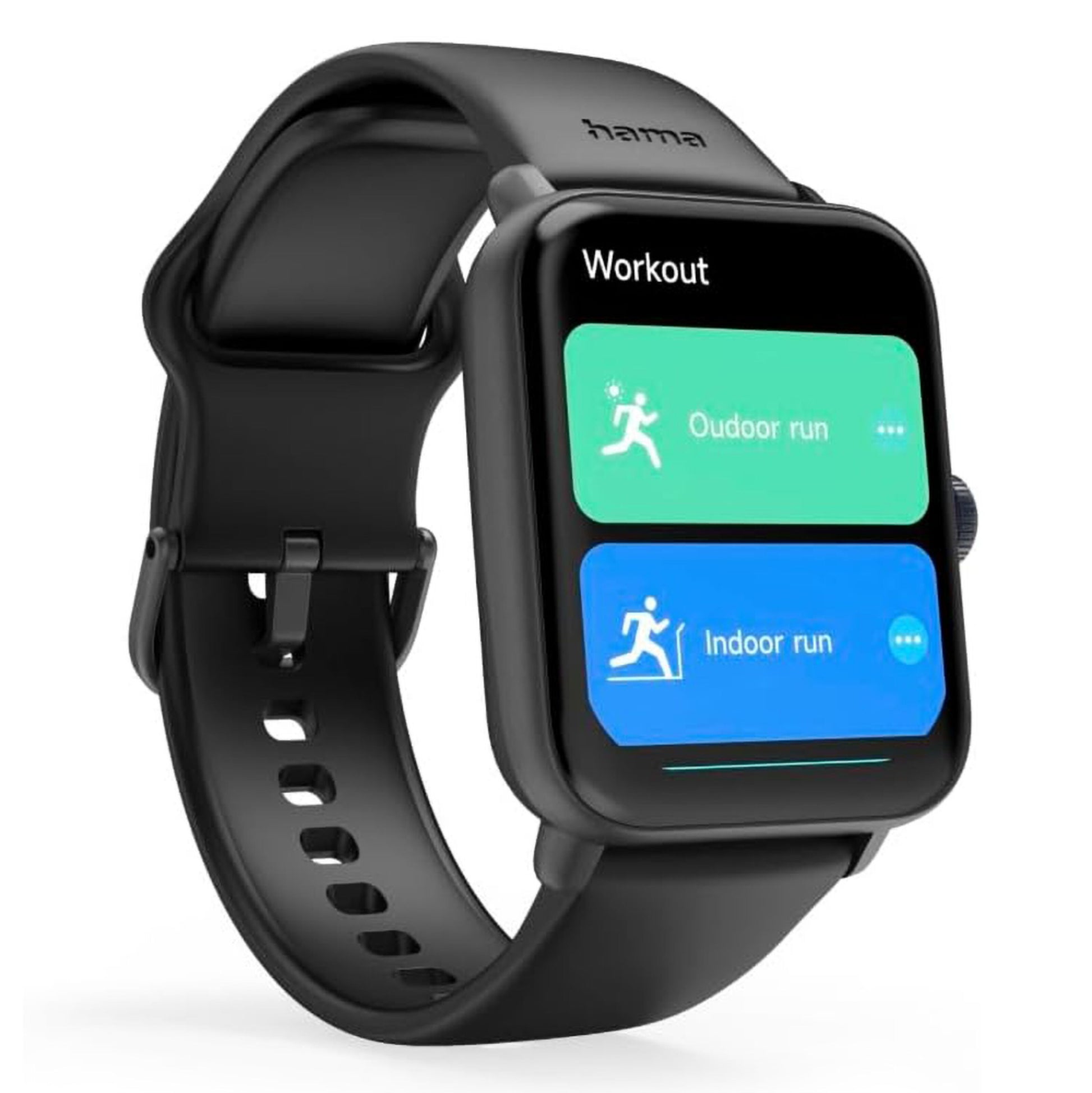 Hama 6010 Smart Watch med GPS og pulsmåler, rektangulær skærm med Workout-menu, Outdoor run i grøn, Indoor run i blå.
