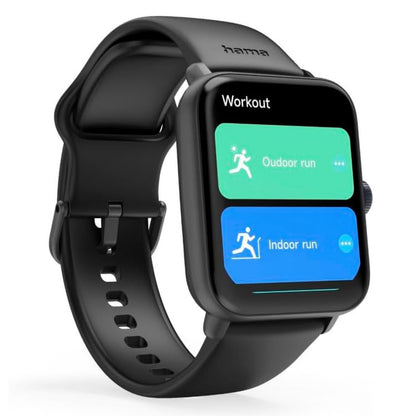 Hama 6010 Smart Watch med GPS og pulsmåler, rektangulær skærm med Workout-menu, Outdoor run i grøn, Indoor run i blå.