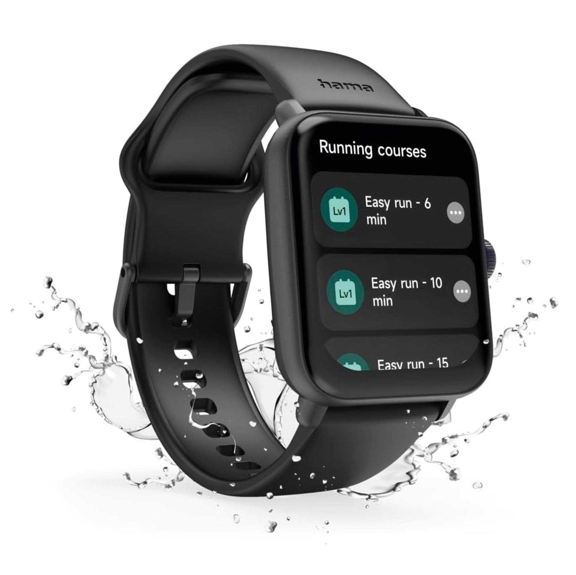 Hama 6010 Smart Watch med GPS, rektangulær skærm, løberuter, vandafvisende med vandstænk og indbygget pulsmåler.