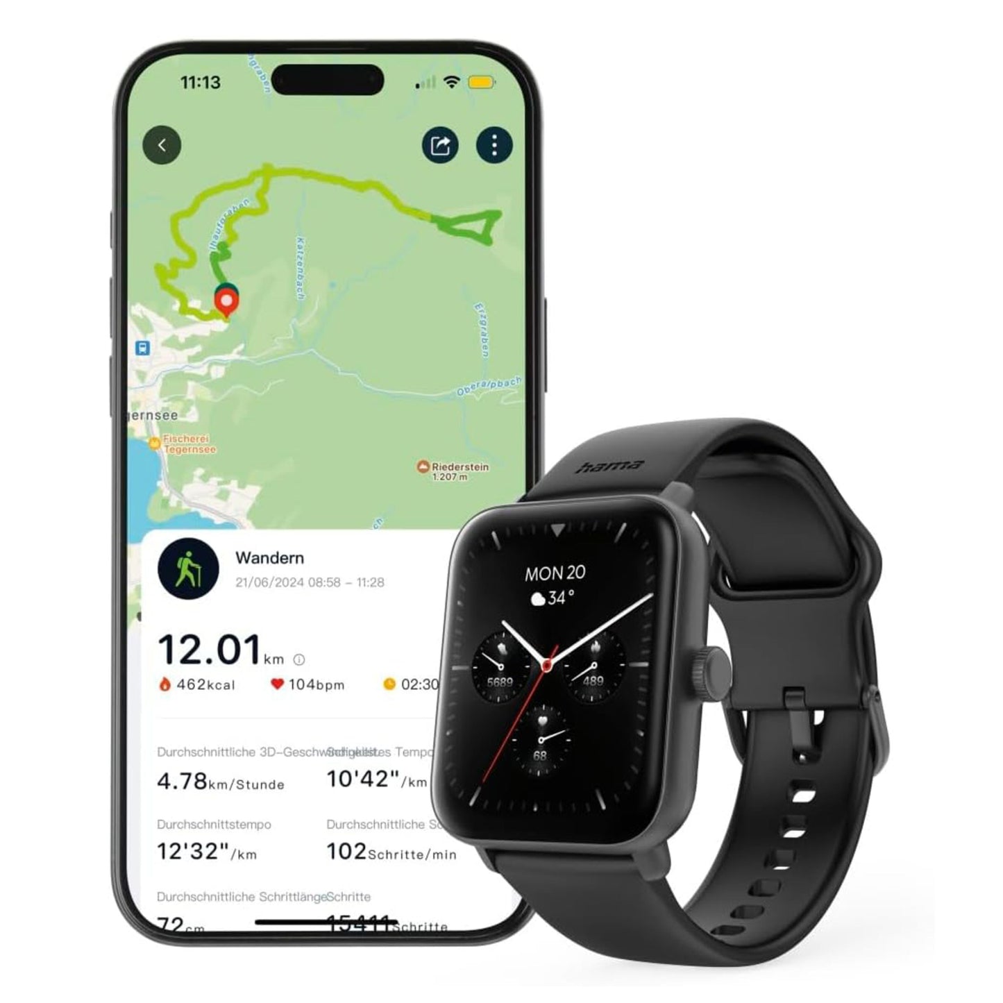 Hama 6010 Smart Watch med GPS og pulsmåler vises med ur, vejr-data samt smartphone med kort- og aktivitetsdata.