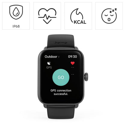 Hama 6010 Smart Watch med GPS, fitnessskærm med GO-knap, hjerteikon og ikoner til IP68, pulsmåler, kalorier og søvntracking.