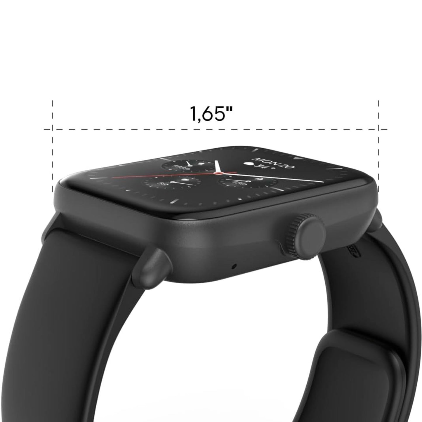 Hama 6010 Smart Watch med GPS, sort rektangulært display, pulsmåler, skærmbredde markeret som 1,65 tommer.