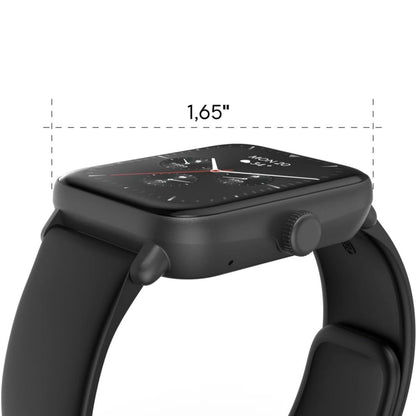 Hama 6010 Smart Watch med GPS, sort rektangulært display, pulsmåler, skærmbredde markeret som 1,65 tommer.