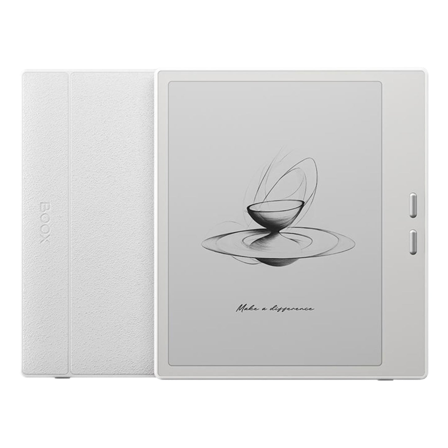 Onyx BOOX Go 7 læseplade 7" E Ink Android 13 hvid 64GB wifi med cover, to højresideknapper, skærm med teksten "Gør en forskel.