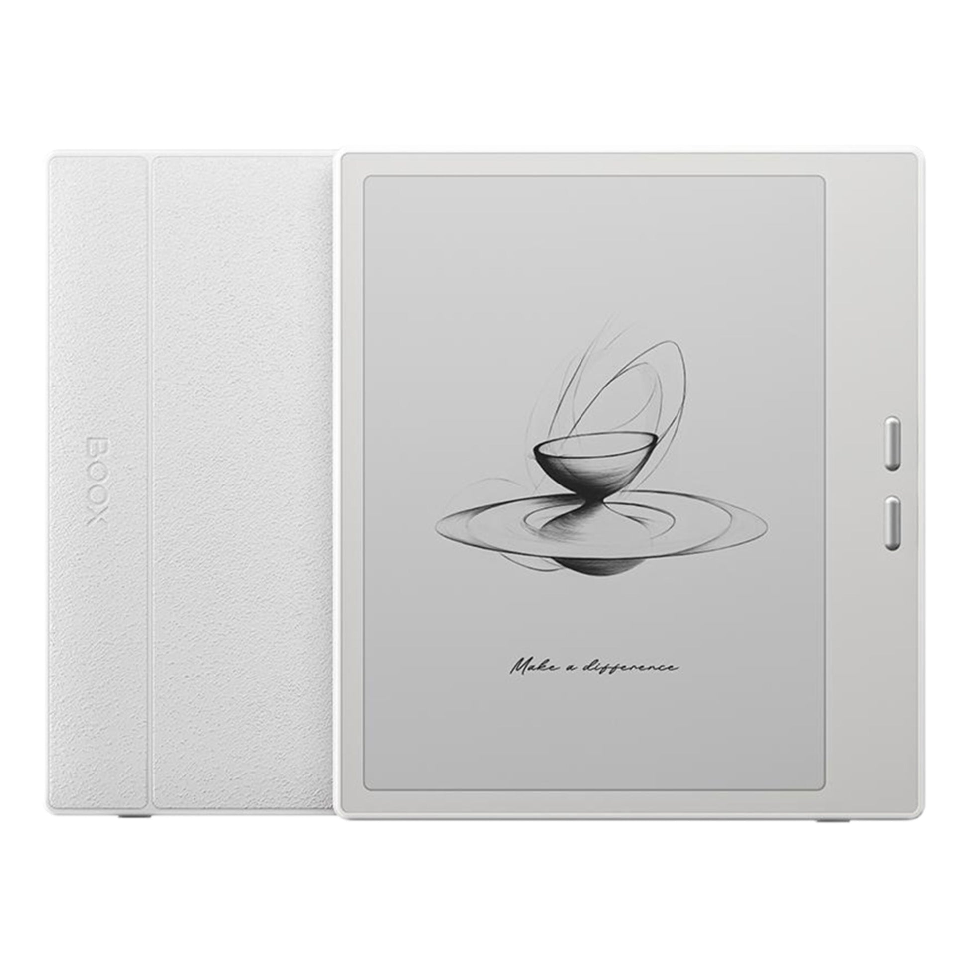 Onyx BOOX Go 7 læseplade 7" E Ink Android 13 hvid 64GB wifi med cover, to højresideknapper, skærm med teksten "Gør en forskel.