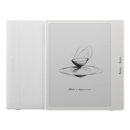 Onyx BOOX Go 7 læseplade 7" E Ink Android 13 hvid 64GB wifi med cover, to højresideknapper, skærm med teksten "Gør en forskel.