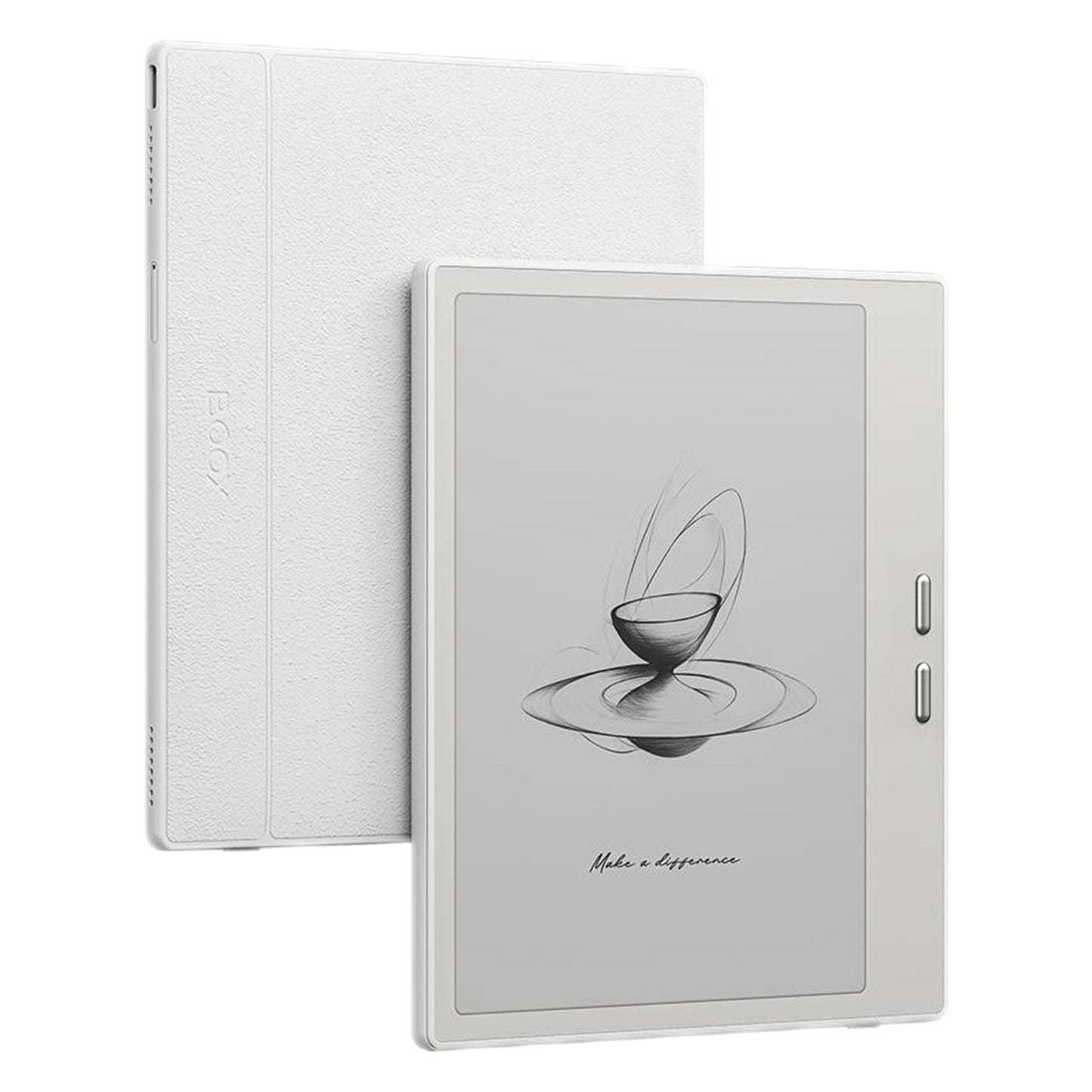 Onyx BOOX Go 7 hvid 7" E Ink læser, Android 13, 64GB, vises forfra/bagfra, tekst "Make a difference", to sideknapper.