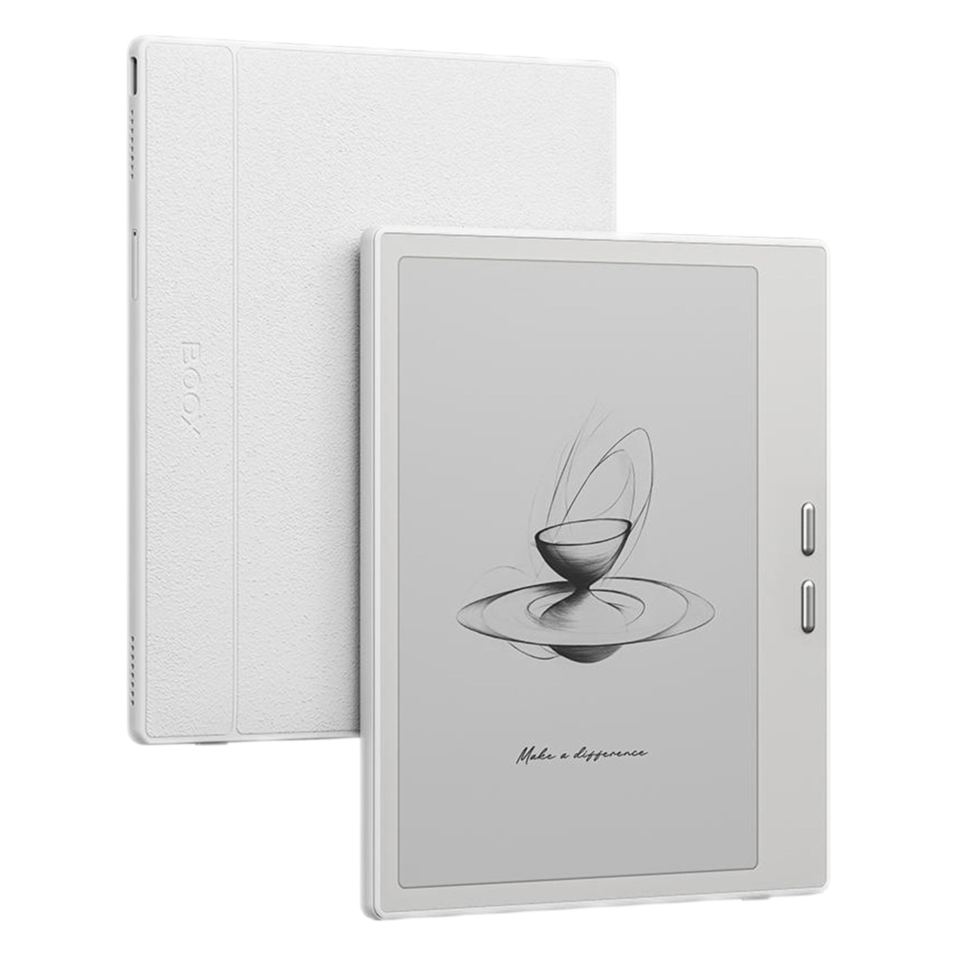 Onyx BOOX Go 7 hvid 7" E Ink læser, Android 13, 64GB, vises forfra/bagfra, tekst "Make a difference", to sideknapper.
