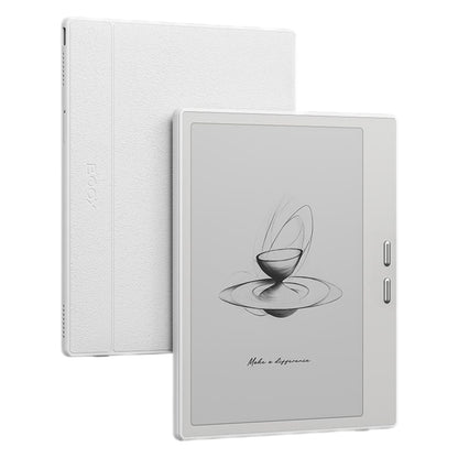 Onyx BOOX Go 7 hvid 7" E Ink læser, Android 13, 64GB, vises forfra/bagfra, tekst "Make a difference", to sideknapper.