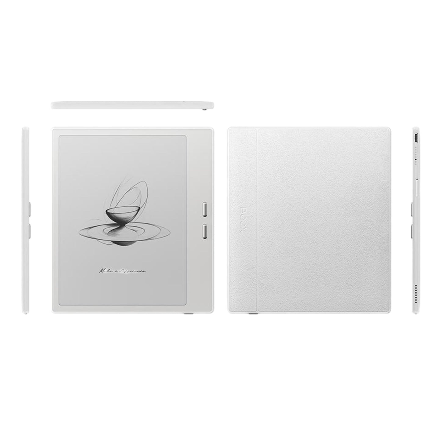 Onyx BOOX Go 7 7" E Ink læseplade Android 13 64GB, vist forfra, bagfra, side, ovenfra, front med skitse og knapper.