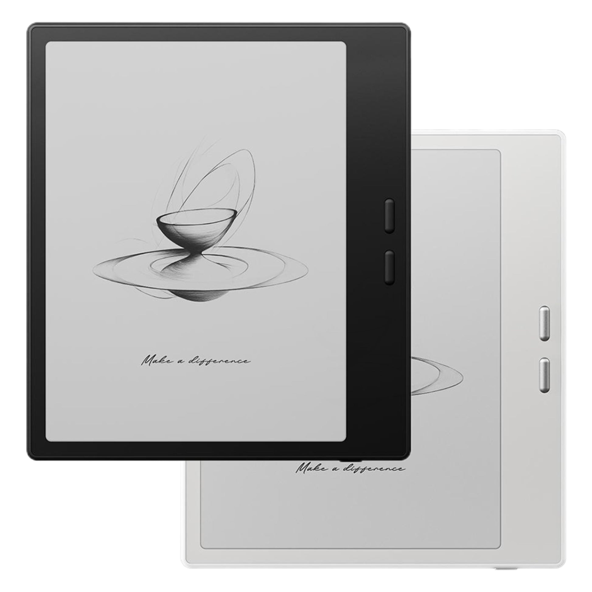 Onyx BOOX Go 7 læseplader sort og hvid, E Ink Carta 1300 skærm med "Make a difference" og skitse af flydende skål.