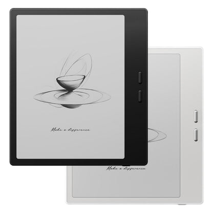 Onyx BOOX Go 7 læseplader sort og hvid, E Ink Carta 1300 skærm med "Make a difference" og skitse af flydende skål.
