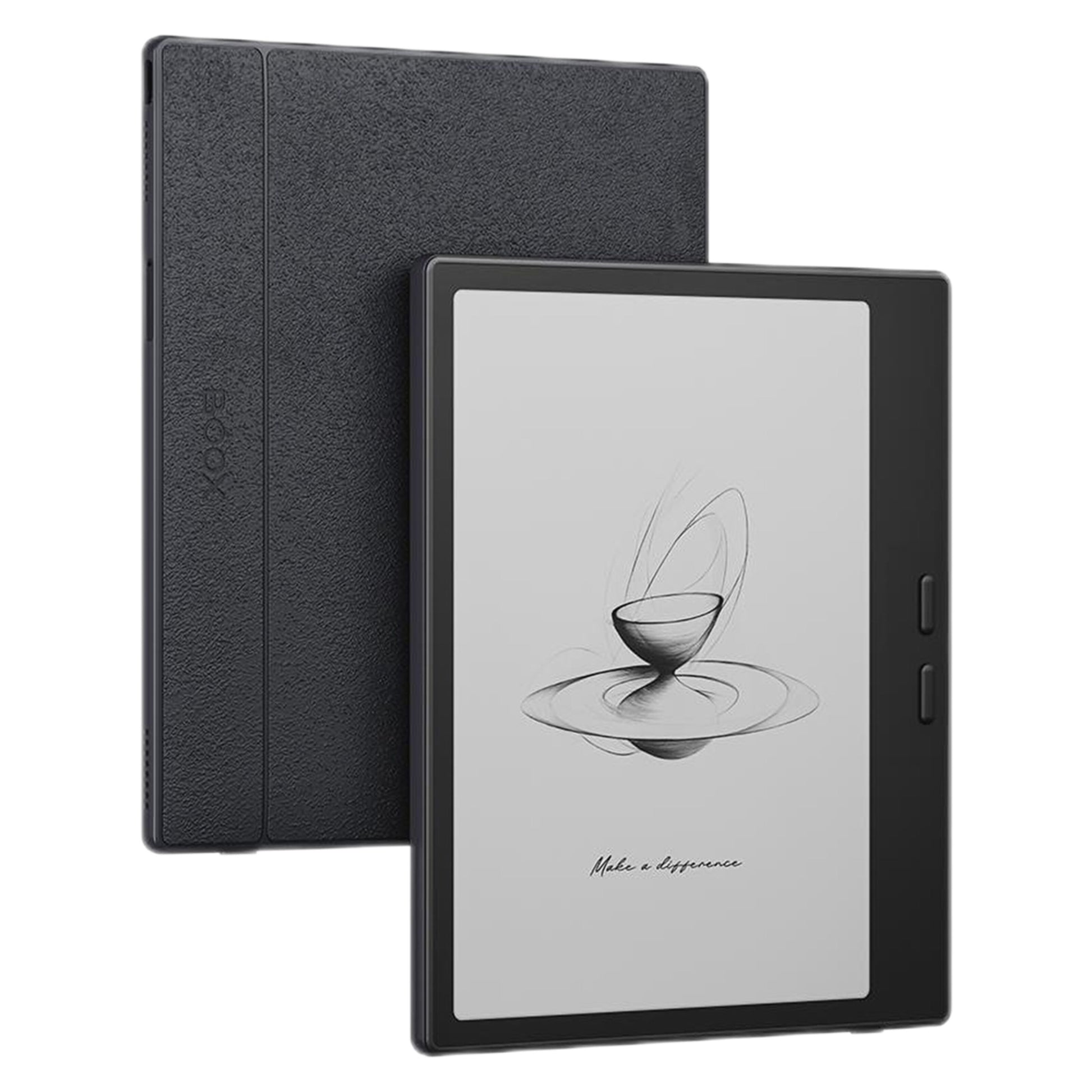 BOOX Go 7 sort 7" læseplade med E Ink Carta 1300-skærm, tekstur-bagside, to frontknapper, Android 13, teksten "Make a difference.