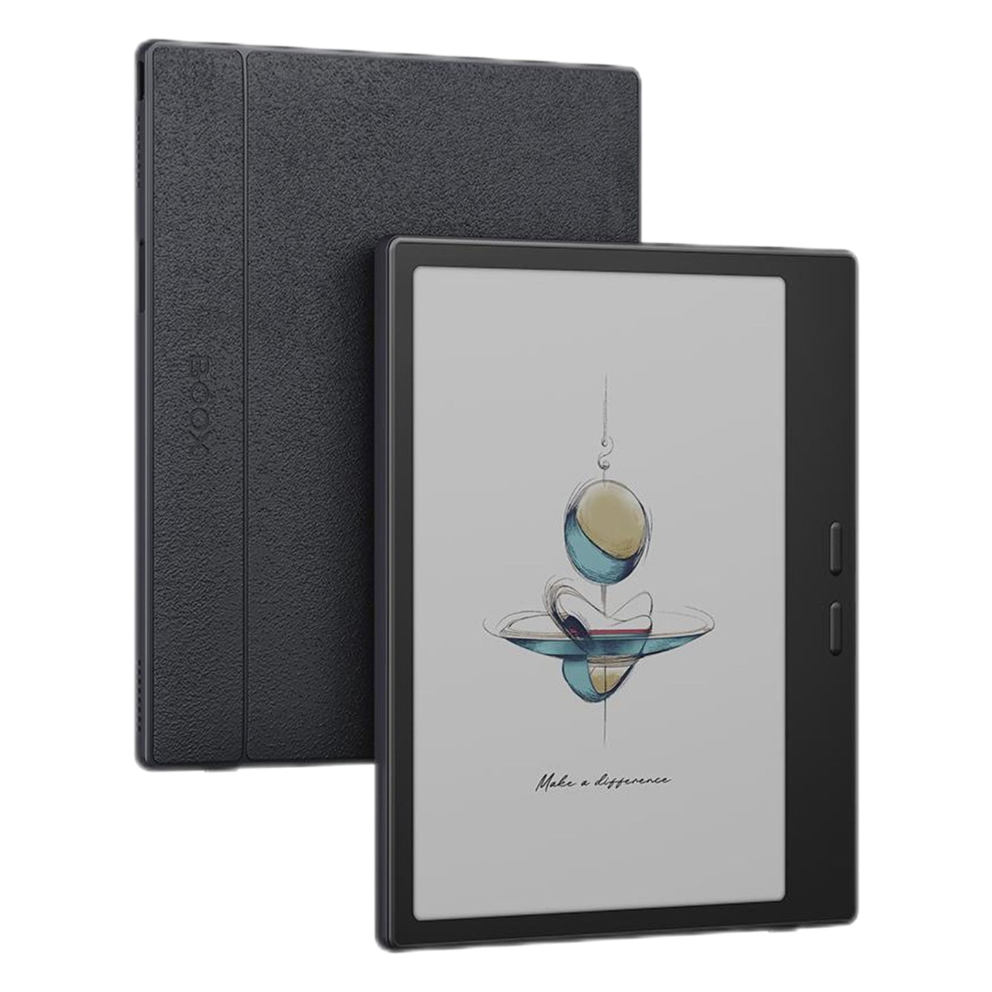 Boox Onyx Go Color 7 (Gen II) farve e-læser sort 64GB set forfra/bagfra, display med tekst "Make a difference.