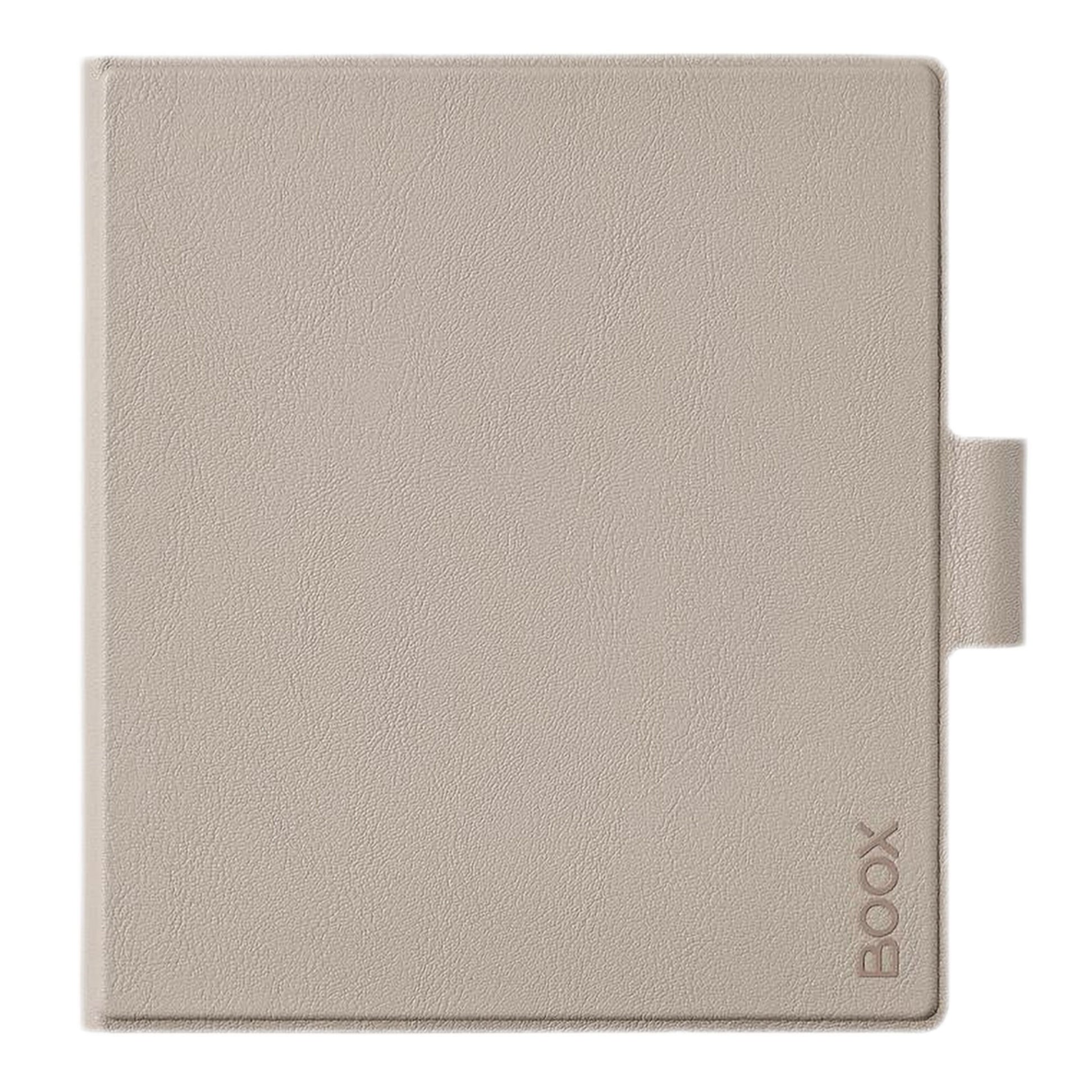 BOOX magnetisk etui til Go 7-serien beige, lukket lysebrunt vegansk læder med BOOX-logo nederst og lille sidetab.