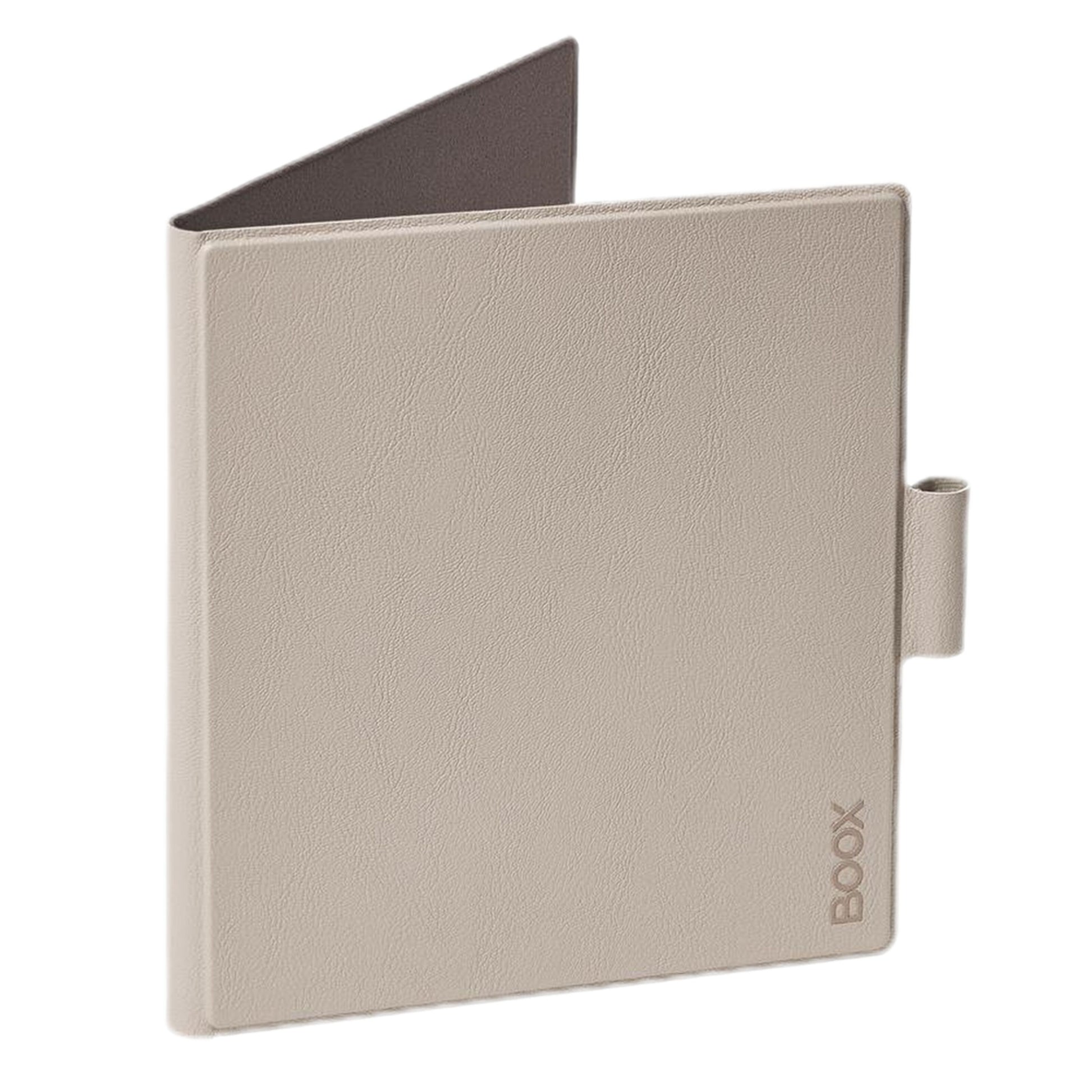 BOOX magnetisk etui til Go 7-serien beige, tekstureret vegansk læder, penneholder højre side, BOOX-logo nedre hjørne.