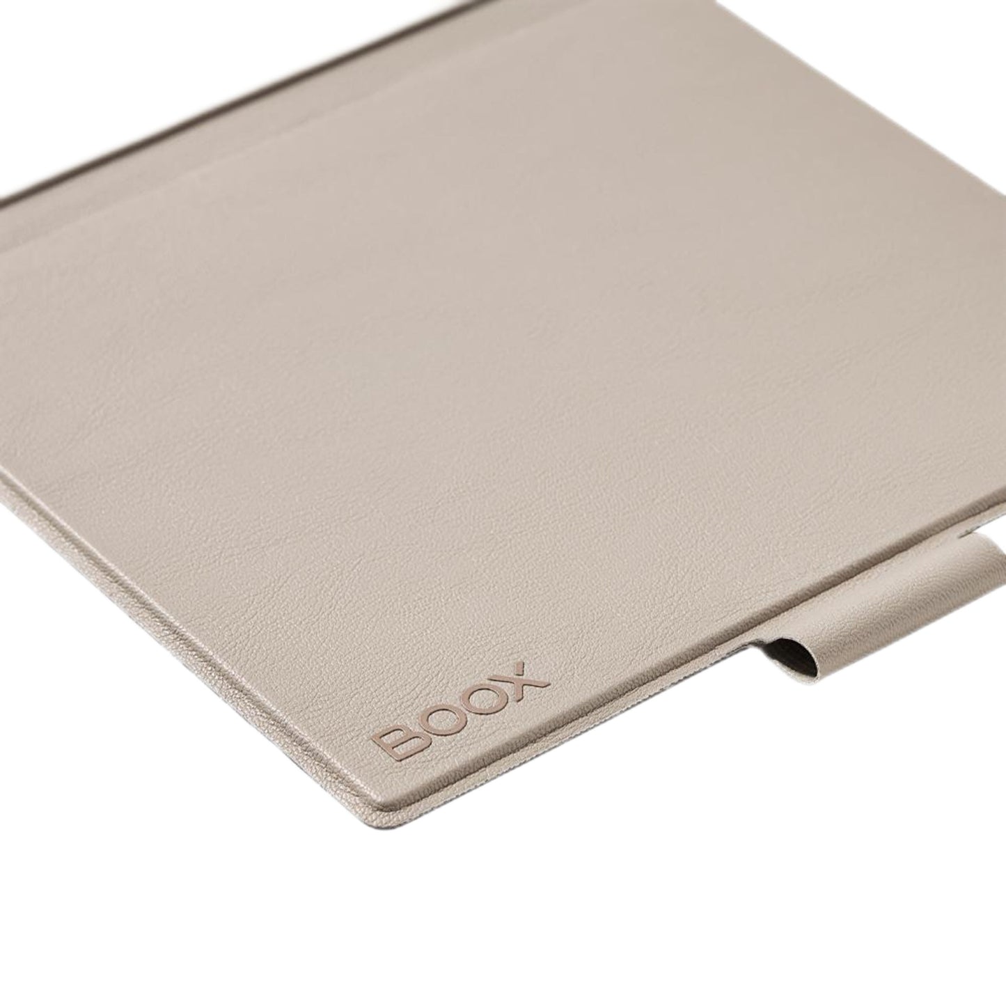 Boox Go 7-serie magnetisk beige etui i vegansk læder med BOOX-prægning i hjørnet og penloop på kanten.