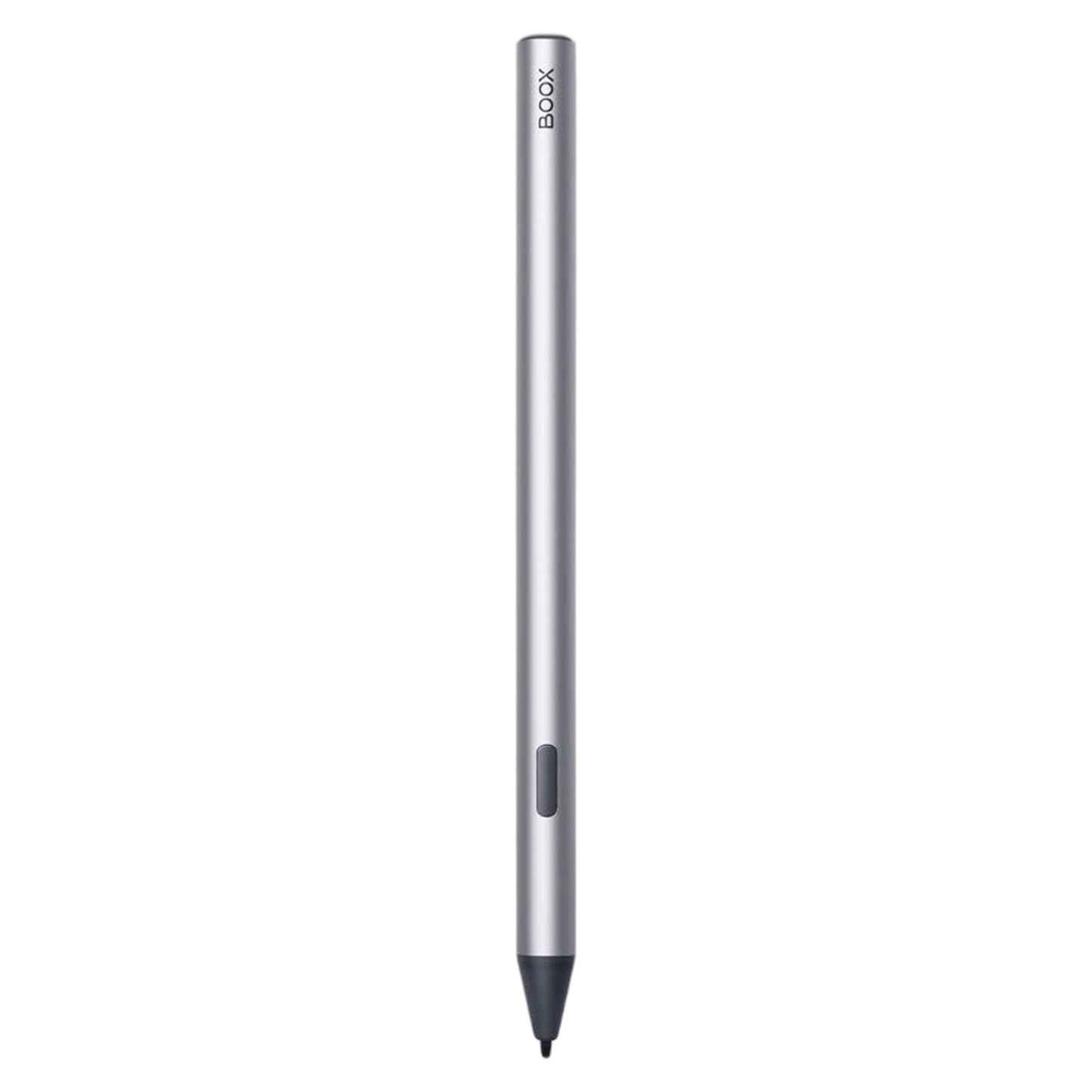 BOOX InkSense Plus Stylus sølv, 4096 trykniveauer, sort spids, sideknap, "BOOX" trykt nær toppen.