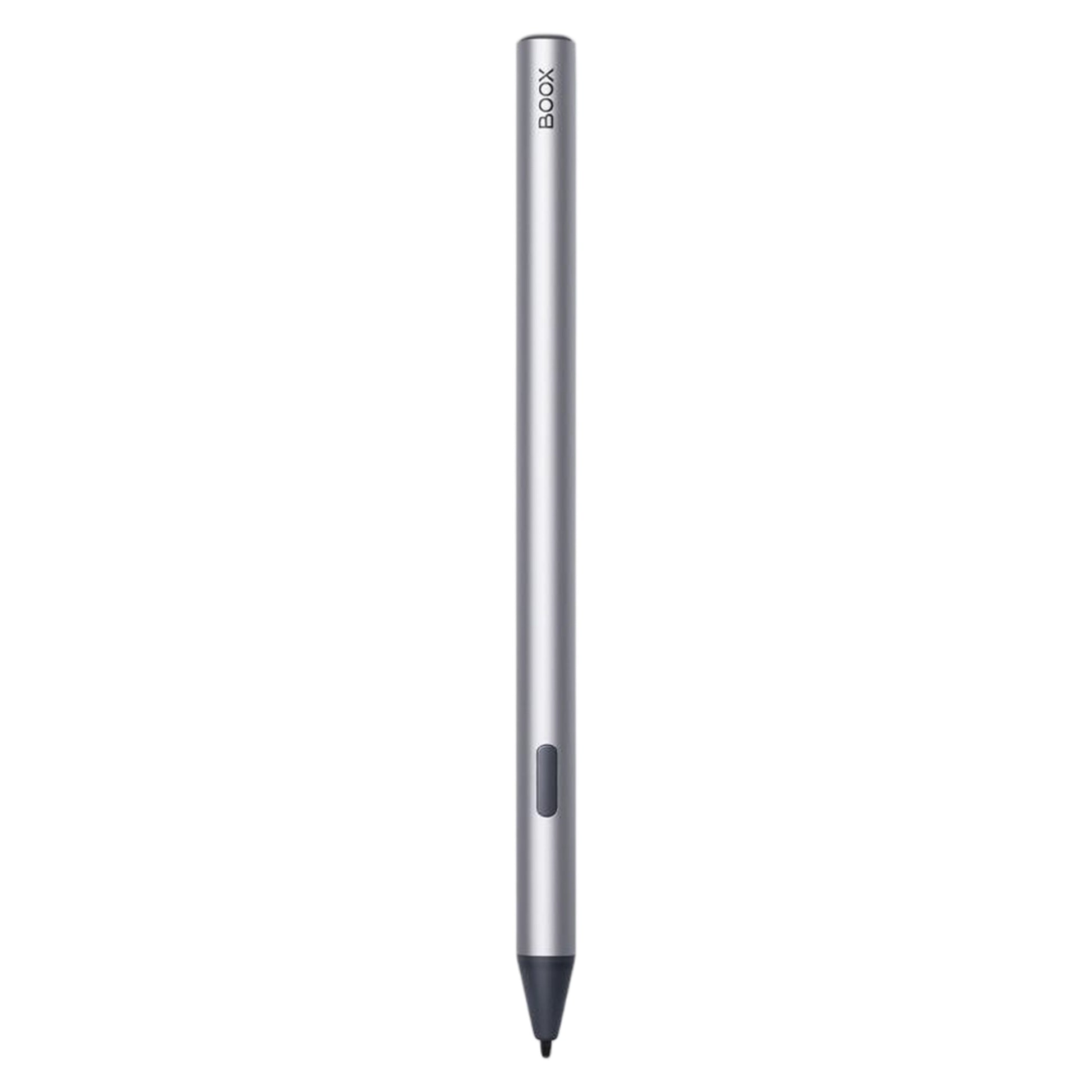 BOOX InkSense Plus Stylus sølv, 4096 trykniveauer, sort spids, sideknap, "BOOX" trykt nær toppen.
