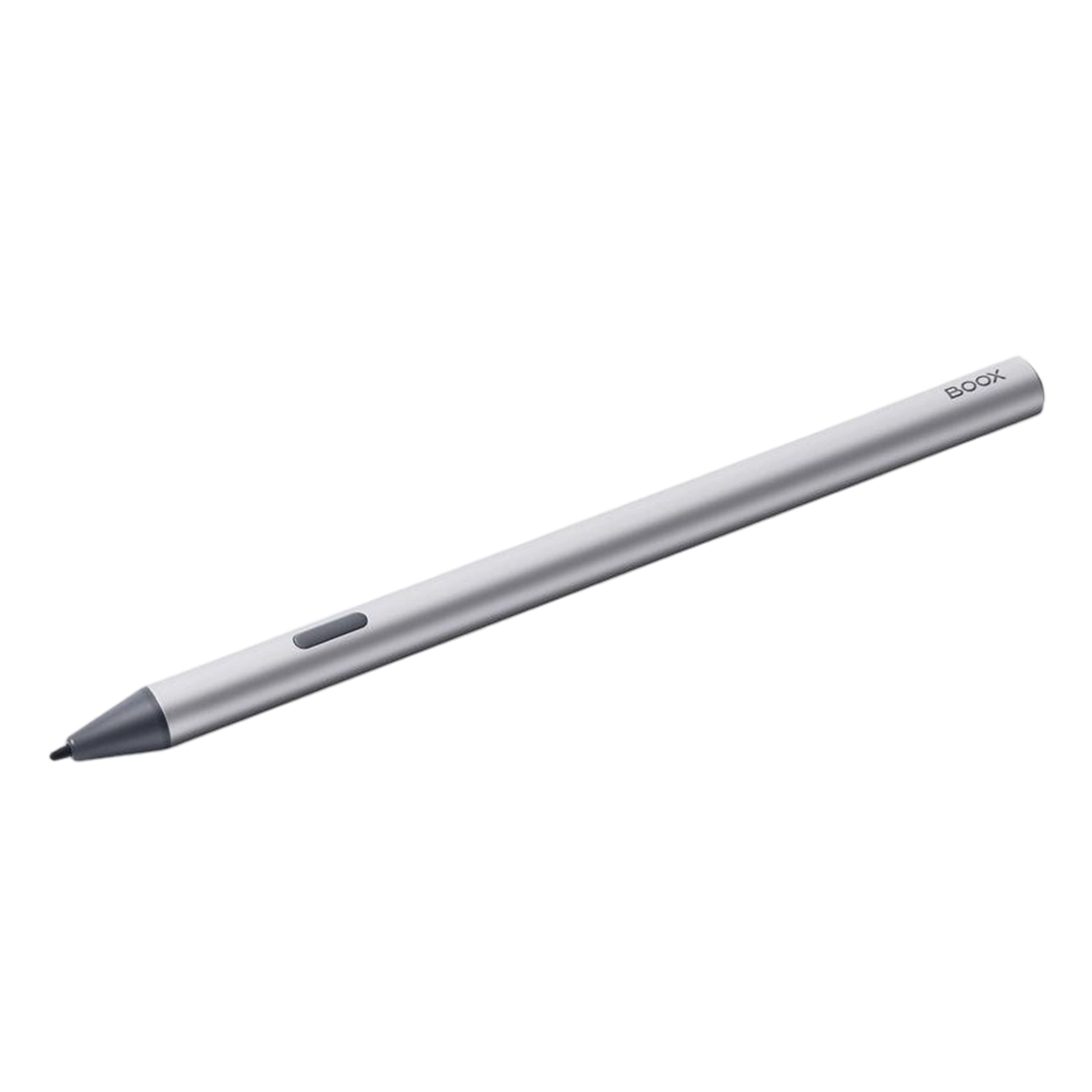 Onyx Boox InkSense Plus Stylus sølv, 4096 trykniveauer, mørk spids, én sideknap, "BOOX"-logo nær toppen.