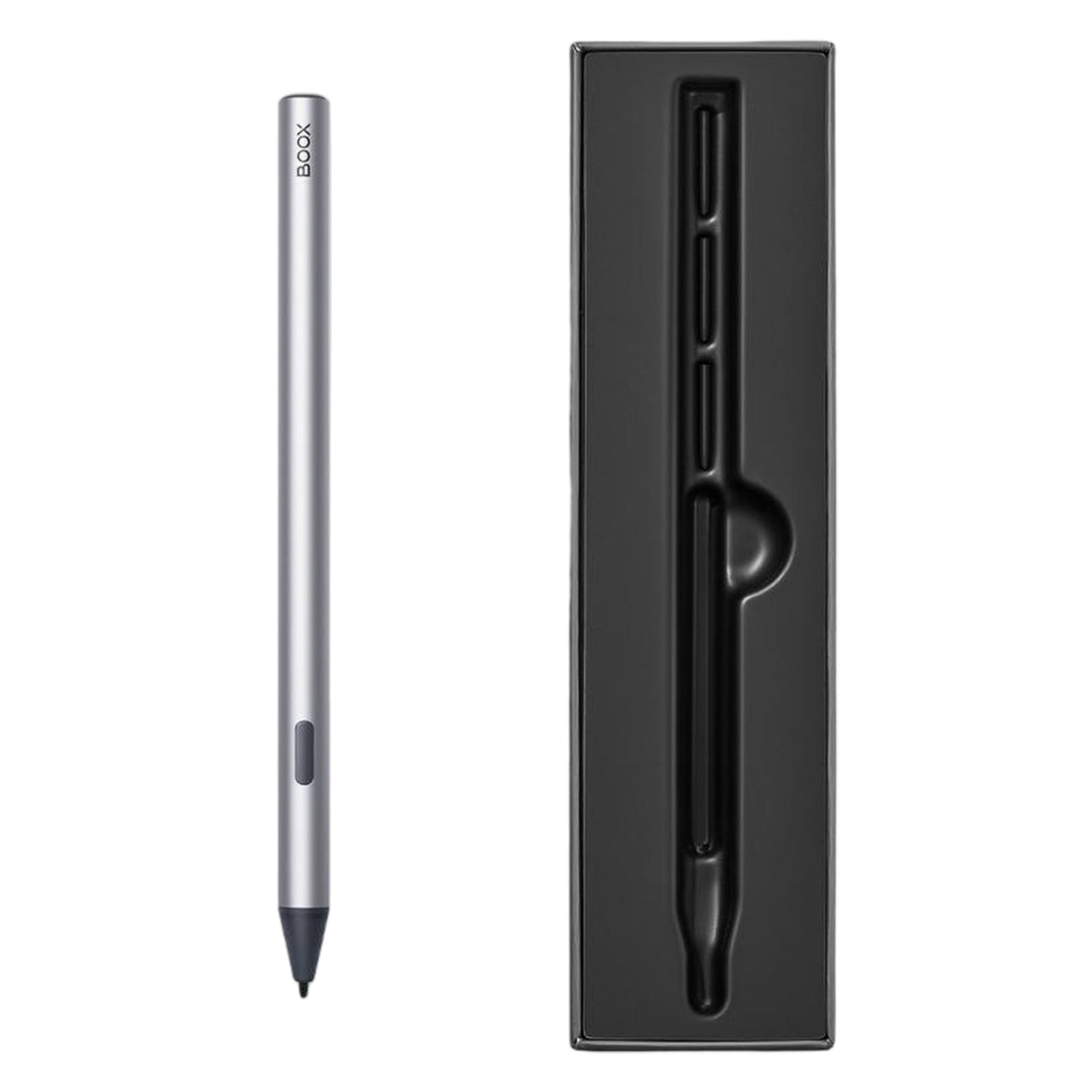 Onyx Boox InkSense Plus Stylus sølv med 4096 trykniveauer ved siden af sort æske med formudskæring til pennen.