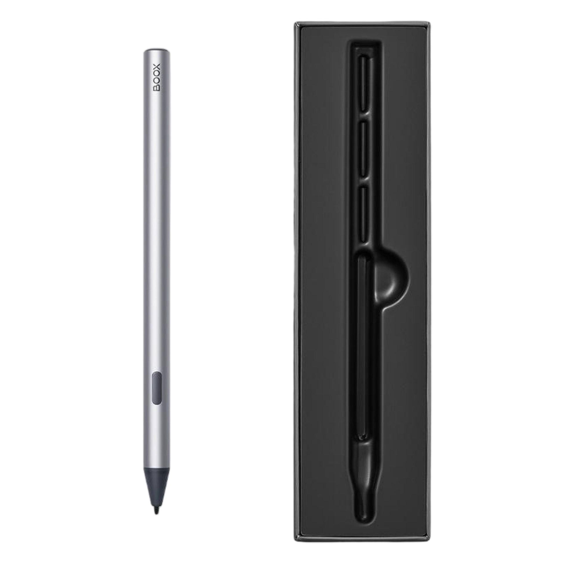 Onyx Boox InkSense Plus Stylus sølv med 4096 trykniveauer ved siden af sort æske med formudskæring til pennen.