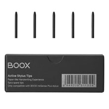 Onyx Boox InkSense Plus stylus-spidser 5-pak sorte, vises over sort æske med modelnavn, kompatibilitet og stregkode.