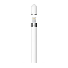 Apple Pencil Gen 1, hvid med sølvfarvet bånd og aftagelig hætte, vises lodret over opladningsstik.