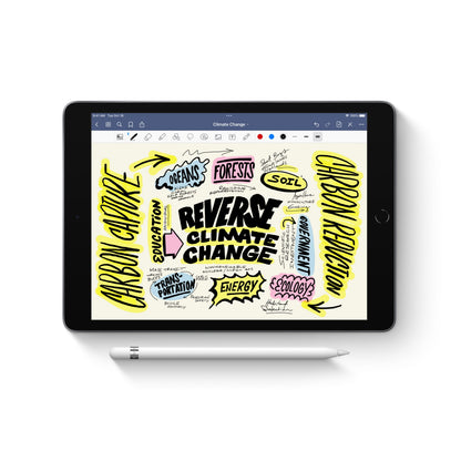 Apple iPad med Apple Pencil (Gen 1) viser digital illustration med håndskrevne ord og gule markeringer.