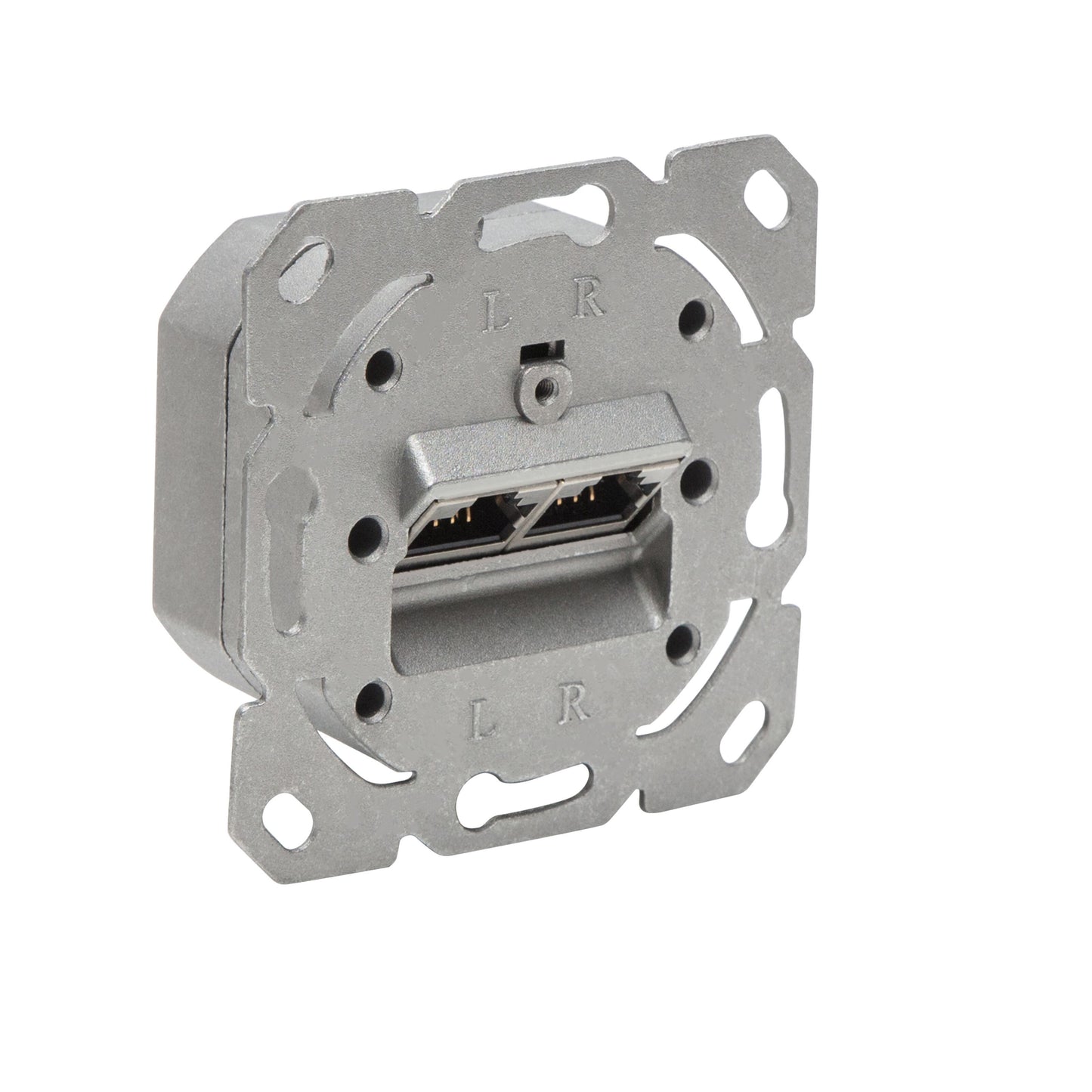 Indsæt FTP-netværksstik Cat. 6, dobbelt RJ45-porte med L/R-mærkning, metallisk ramme til el-installationsdåse.