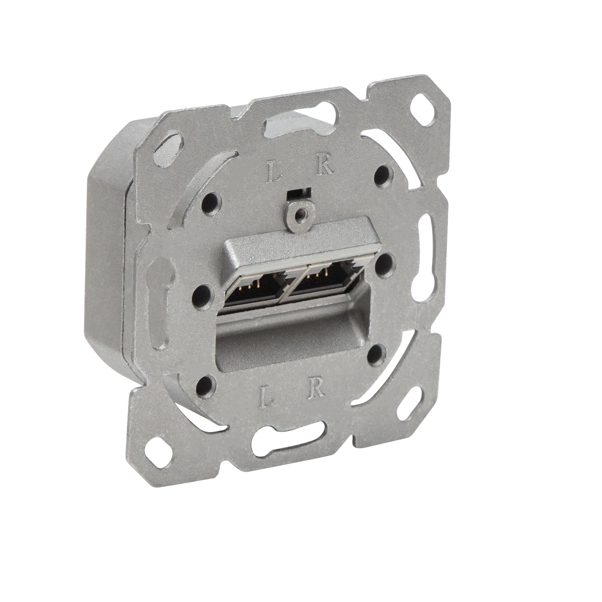 Indsæt FTP-netværksstik Cat. 6, dobbelt RJ45-porte med L/R-mærkning, metallisk ramme til el-installationsdåse.
