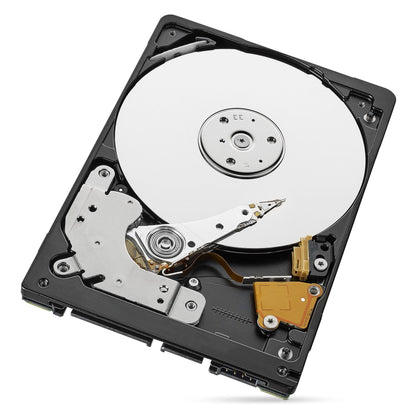 Seagate Barracuda 2,5" intern harddisk 1TB åben med synlig sølvfarvet disk, læse/skrive-arm og elektronik.