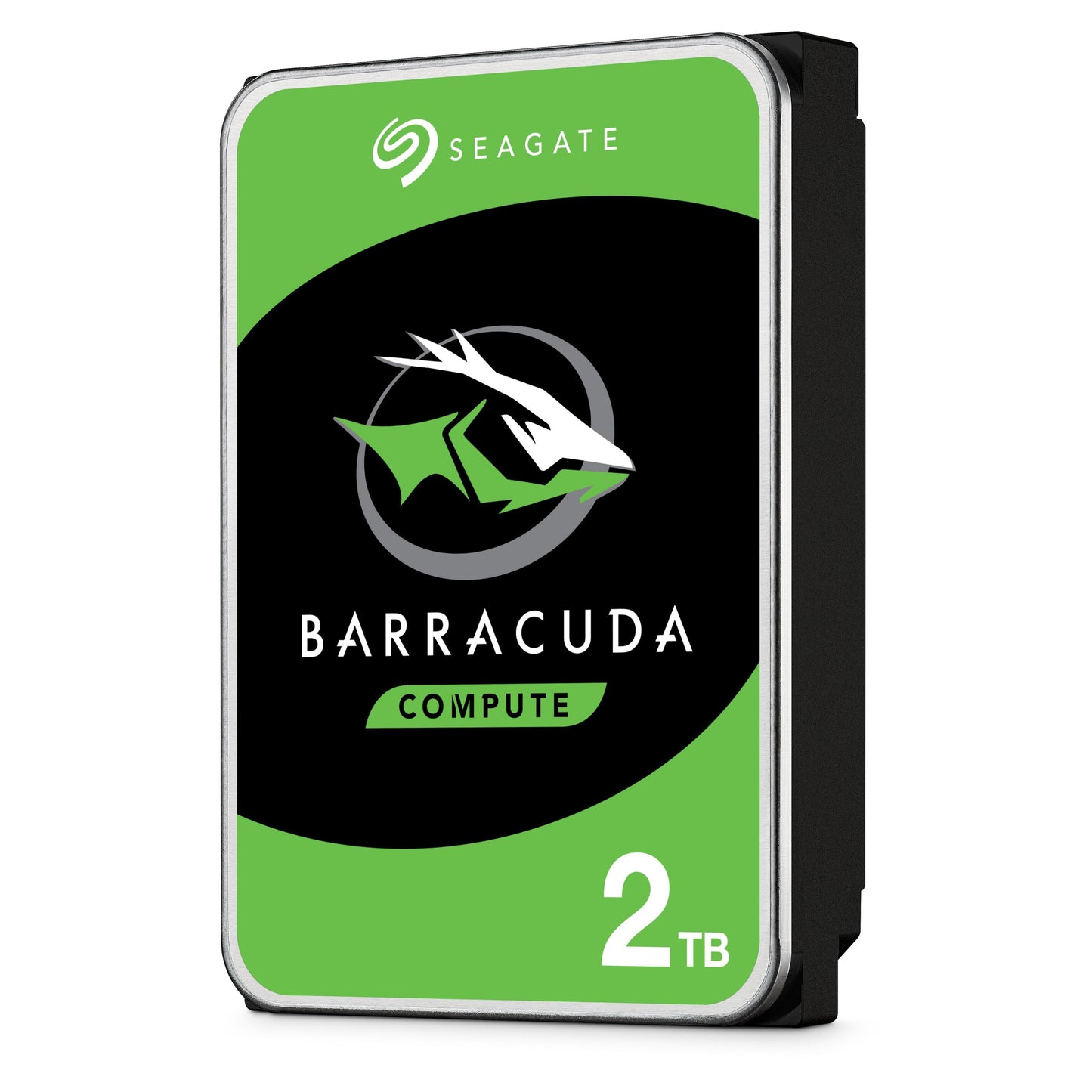 Seagate Barracuda 3,5" intern harddisk 2TB med grøn og sort label og barracuda-fisk logo.