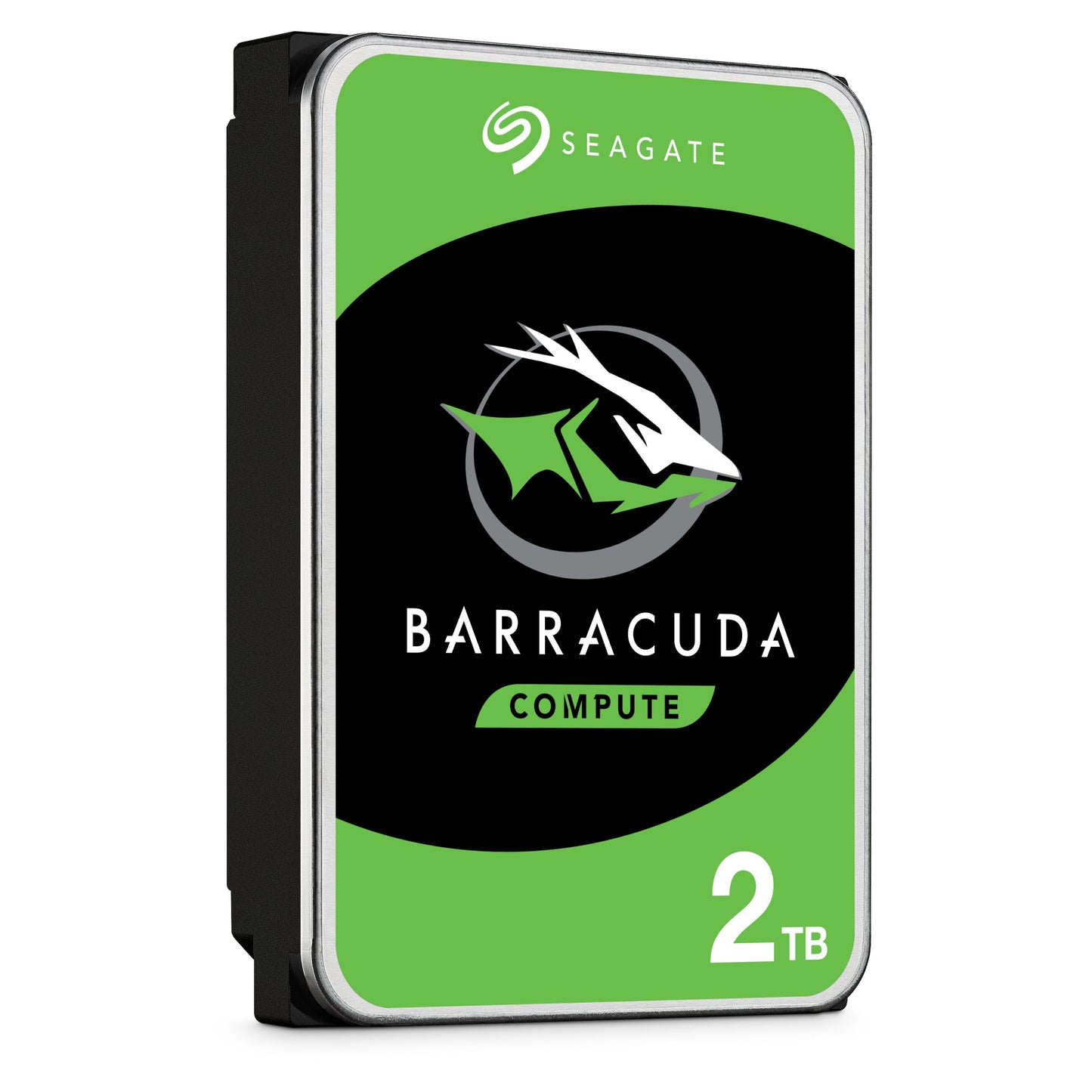Seagate Barracuda 3,5" intern harddisk 2TB, grøn og sort label med sølvkanter og Barracuda-logo.