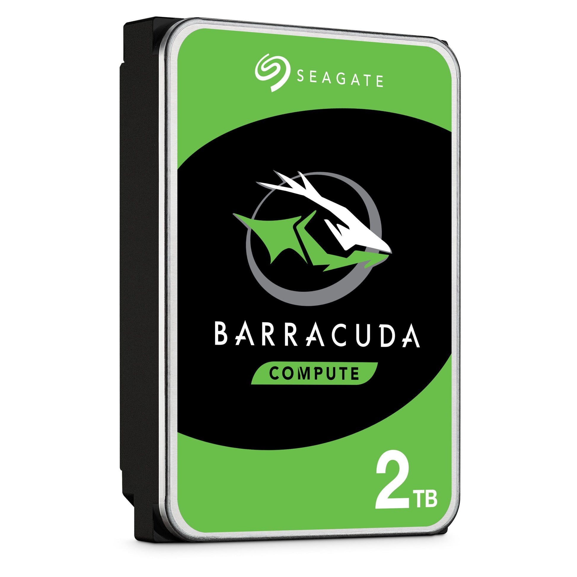 Seagate Barracuda 3,5" intern harddisk 2TB, grøn og sort label med sølvkanter og Barracuda-logo.