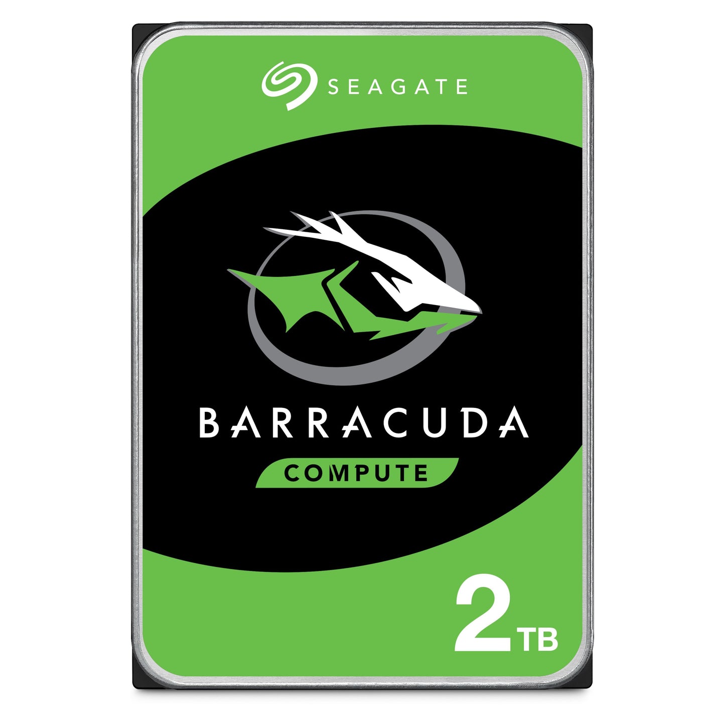 Seagate Barracuda 3,5" intern harddisk 2TB, grøn/sort label, hvid tekst og fiske-logo, til 3,5" formfaktor.